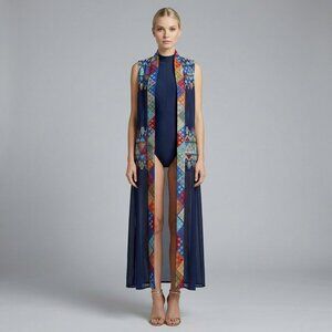 Vintage Embroidered Sheer Chiffon Long Vest Navy Blue Evening & Resort